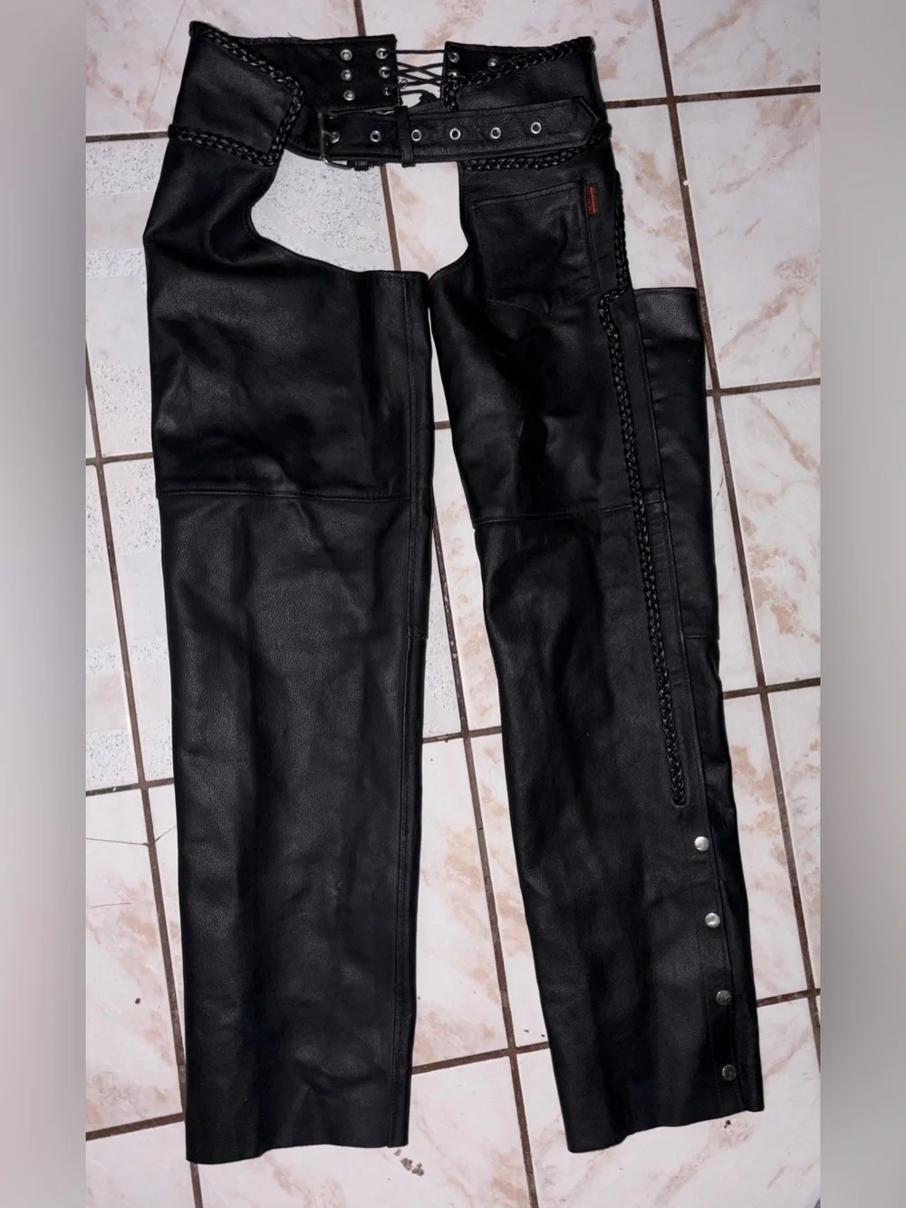 unisex black leather motorcycle biker chaps size L
